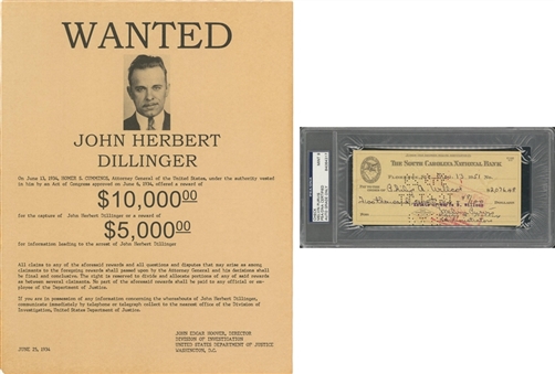 Lot of (2) John Dillinger FBI Wanted Poster & Melvin Purvis Signed Check (PSA/DNA)